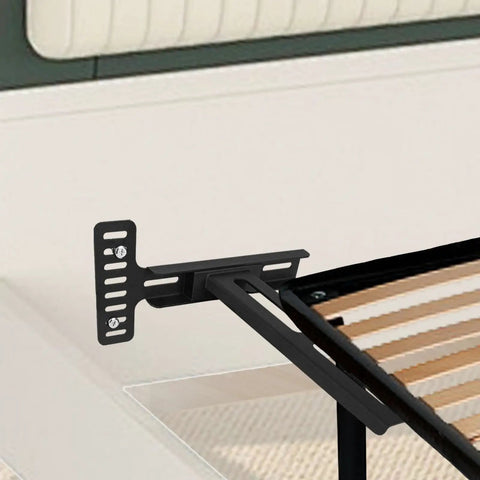Heavy Duty Universal Headboard Bracket Kit for Adjustable Beds Featuring Hella Flexible Height Adjustment Easy Hookup and Bulletproof Mounting for Twin Queen King Platform Frame Beds, close-up of steel bracket attachment.