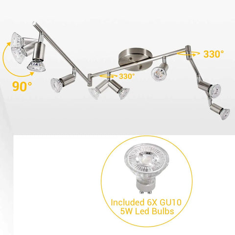 Six Light LED Track Lighting Kit With Sleek Matte Nickel Finish, Six Rotatable Heads, CRI 90 Plus, Ceiling Track Lighting for Hallways