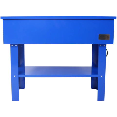 Heavy Duty 40 Gallon Parts Washer With 24 Gallon Solvent Tank And 5 GPM Full Throttle Pump Solid Steel shop bench, blue with shelf.