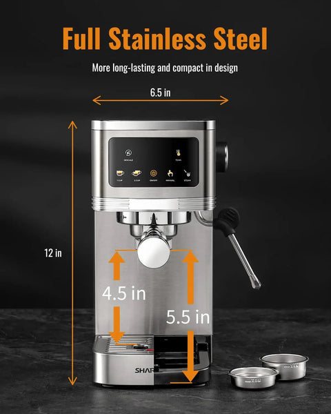 Front view of Pro 20 Bar Espresso Machine With Milk Frother And Touchscreen Brew Cafe Quality Cappuccinos And Lattes At Home Or Office.