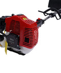 52CC Gas Walk Behind Sweeper Powered By A Muscle 2.3HP Two Stroke Engine with detailed engine view for efficient driveway cleanup.