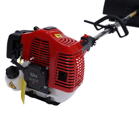 52CC Gas Walk Behind Sweeper Powered By A Muscle 2.3HP Two Stroke Engine with detailed engine view for efficient driveway cleanup.