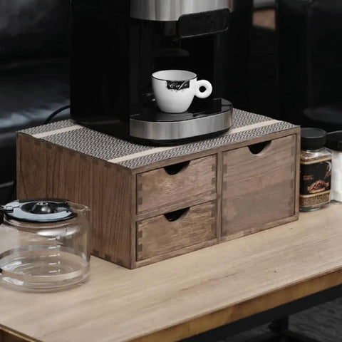 Coffee Pods Storage Drawer Organizer For K Cups And Capsules For Coffee Maker Dual Compartment Desk Drawer With Detachable Partition Fits Small And Large Pods Kitchen Counter Box Dark Wood Mini Chest Your Caffeine Fix displayed on a wooden table with a coffee maker and cup on top.