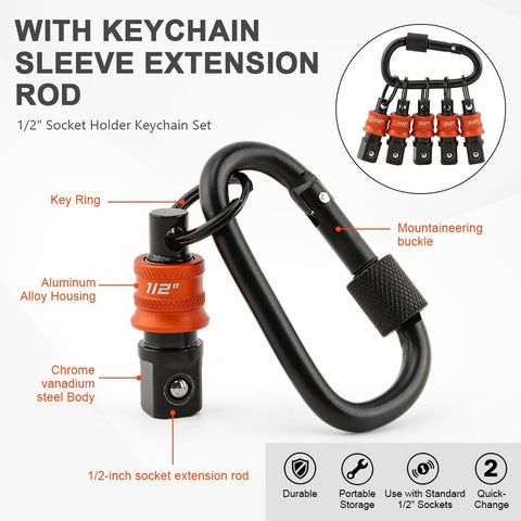 Half Inch Socket Holder Keychain 5 Pack With Heavy Duty Quick Release Clip And Locking Mechanism For Mechanics Linemen And Industrial Pros Easy One Hand Access On Belt Socket Organizer featuring key ring and mountaineering buckle.