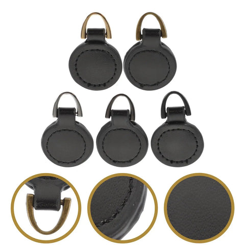 Top Level Black Aluminum Zipper Pull Tabs For Backpacks And Travel Luggage Smooth Glide Heavy Duty Replacement Hardware Zero Stress DIY Quick Upgrade Set, showing five round black tabs.