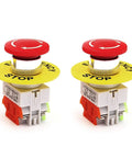 Front view: two red mushroom-cap emergency stop push-button switches with yellow 60mm STOP rings.