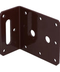 Heavy Duty Steel Angle Corner Brace L Shaped Reinforcement Fastener Plate 80 By 40 By 75mm Powder Coated Rust Resistant Woodworking Hardware Ten Pack close-up view of dark finish with holes for screws.