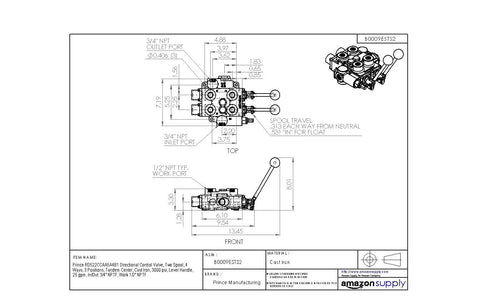 Technical drawing of Beefy Heavy Duty Hydraulic Valve For Twin Spool Systems With 25 GPM Flow, Four Way Three Position, 3000 PSI