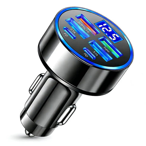 Six In One Car Charger With Voltmeter Display 120W Powerhouse Fast Charge QC3 0 PD Ports USB C Lighter Adapter for iPhone 16 15 14 13