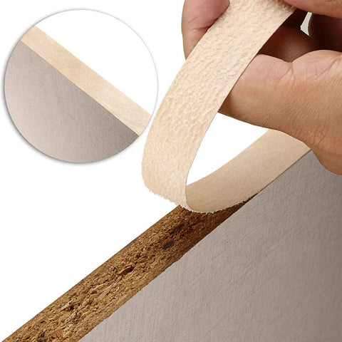Maple Wood Veneer Edge Banding, 2 Inch By 50 Foot Roll, Preglued Iron On Edgebanding With Hot Melt Adhesive applied to board edge.
