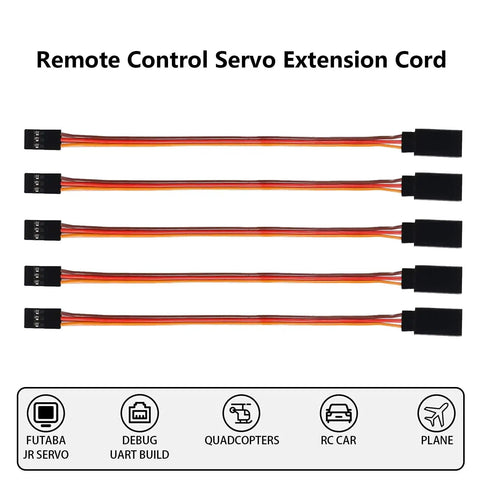 10 Pack Rock Solid 3Pin Servo Extension Cable Cords Male To Female Wires 10Cm 22Awg Heavy Duty Rc Hobby Wiring For Jr Futaba Servos Drones And Rc Cars, shown from above with black connectors.