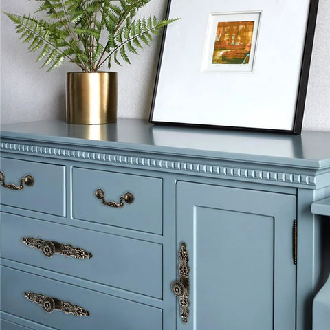 Antique Bronze Cabinet Pulls With Plate, 6.5 Inch Zinc Alloy Handles on blue dresser, vintage style for drawers and cupboards