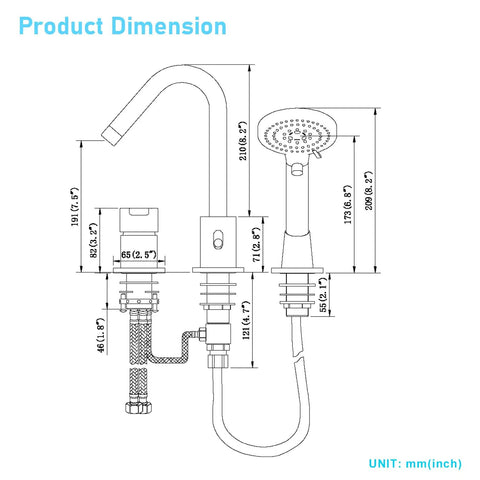 Dimensions of Black Roman Tub Faucet Set With Hand Shower 3 Hole Deck Mount Bath Fixture Spout Diverter Pull Out Sprayer CUPC Certified