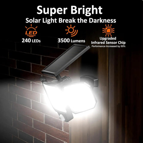 Game Changer Outdoor Solar Flood Lights With 243 LED 3500LM Motion Sensor attached to a brick wall, illuminating area