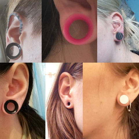 Collage of ears with Silicone Ear Plugs Gauge Stretching Kit for Ear Piercings, showing various colors and sizes from the kit.