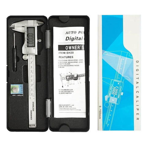 Stainless Steel Digital Caliper With Large LCD Screen For Precise 0 To 150mm Measurements in protective case with manual and spare battery