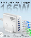GaN Desktop Charging Hub 165W Six-Port USB C And USB A Fast Charger For iPhone 17 showing ports and output power