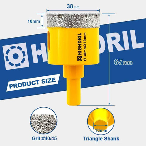 HIGHDRIL dry diamond core drill bit, 38 mm diameter, triangle shank, vacuum brazed head.