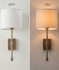 Fabric Shade Wall Sconce Vintage Brass Metal Lamp Bedside Indoor Lighting showcasing a fabric shade in off and on positions.
