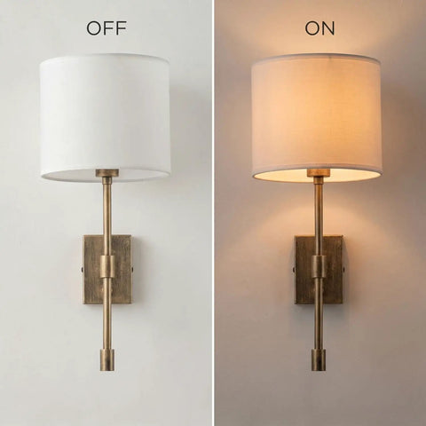 Fabric Shade Wall Sconce Vintage Brass Metal Lamp Bedside Indoor Lighting showcasing a fabric shade in off and on positions.
