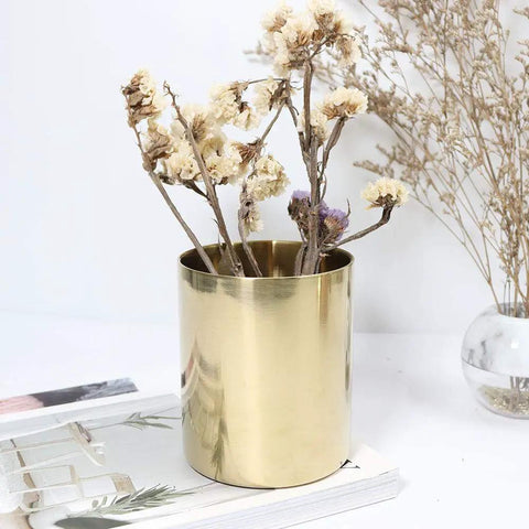 Gold Pencil Holder Cup Pen Organizer For Desk Office Home Decor Luxury Metal Vase Style Stainless Steel With Gold Plating Three And One Third Inch Diameter Four Inch Tall 420ml Capacity with dried flowers
