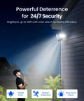 Beefy 4K Floodlight Camera With 180 Degree Panoramic View illuminating a yard at night, showcasing motion detection and siren features.