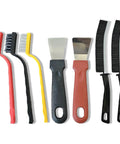 7 Piece Multi Purpose Crevice Cleaning Brush Set with brass, stainless steel, nylon brushes, and scrapers for stubborn grime.