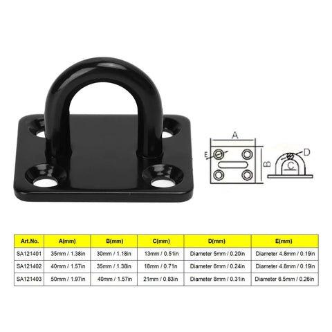 Heavy Duty Stainless Steel Pad Eye Plate Wall Mount Hook Kit with 3mm thick brushed surface and dimensions table