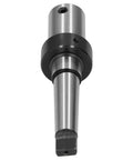 Annular cutter arbor for drill press MT3 to Weldon 3/4 inch shank; silver metal with black collar close-up view