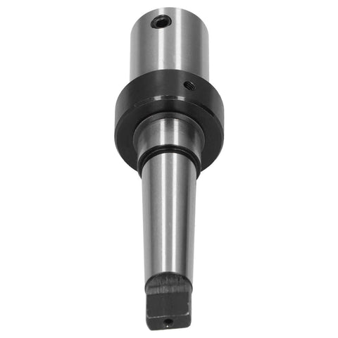 Annular cutter arbor for drill press MT3 to Weldon 3/4 inch shank; silver metal with black collar close-up view