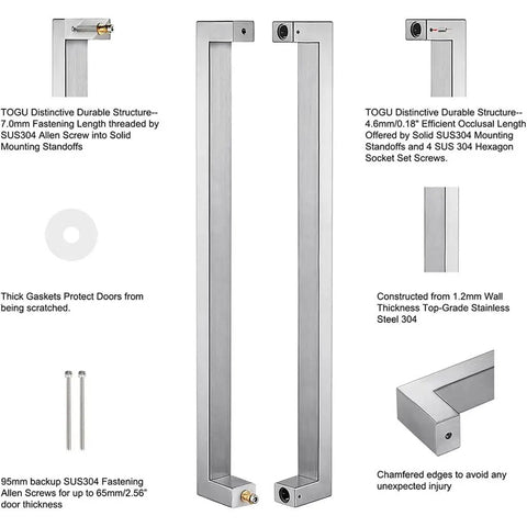 Built Tough 304 Stainless Steel Door Handle Set For Glass Barn Doors And Interior Doors Double Sided Push Pull Handle With Solid Standoffs 36 Inch Length In Silver, includes stainless steel components and screws