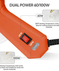 Close-up of Dual Power Hot Glue Gun With 60W And 100W Settings showcasing switch and glue flow rates, bright orange handle visible.