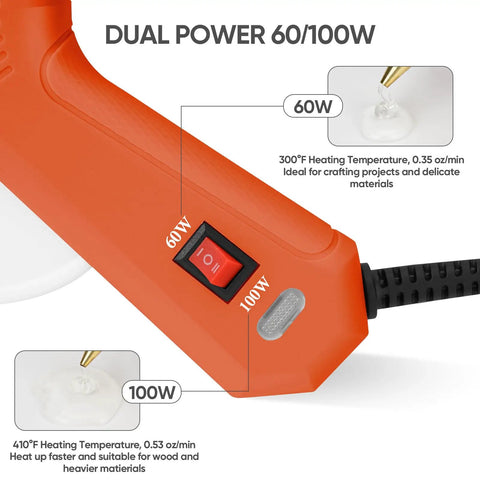 Close-up of Dual Power Hot Glue Gun With 60W And 100W Settings showcasing switch and glue flow rates, bright orange handle visible.