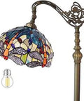 Dragonfly Tiffany Style Floor Lamp With Sea Blue And Yellow Stained Glass, Gooseneck Arch, Antique Bronze Base, UL Listed