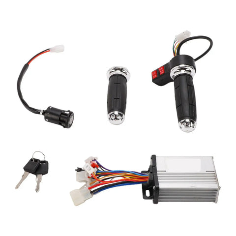 350W Brushless Motor Controller Kit with anti-slip throttle grip, ignition key switch, and wiring for electric bikes, scooters, tricycles.