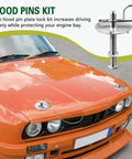 Heavy Duty Stainless Steel Car Hood Pins Kit With Quick Release Lock Latch installed on orange car hood.