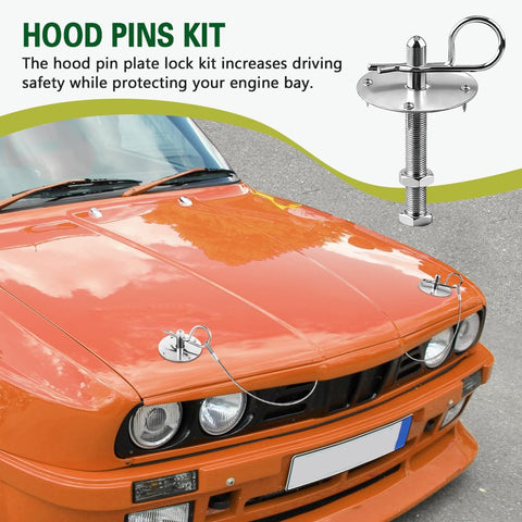 Heavy Duty Stainless Steel Car Hood Pins Kit With Quick Release Lock Latch installed on orange car hood.