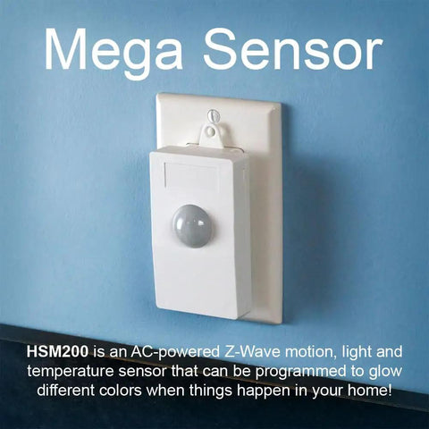 Smart Motion Temperature And Light Sensor HSM200 With Z-Wave Plus plugged into wall outlet, showing sensor and LED indicator.