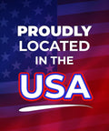 Text 'Proudly Located in the USA' on a background of the American flag, highlighting USA location.