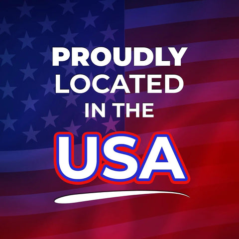 Text 'Proudly Located in the USA' on a background of the American flag, highlighting USA location.