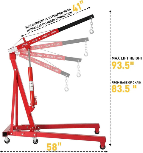 Detailed view of Badass 2 Ton Hydraulic Engine Hoist 4000 Lb Capacity Folding Cherry Picker with adjustable boom and lift height.