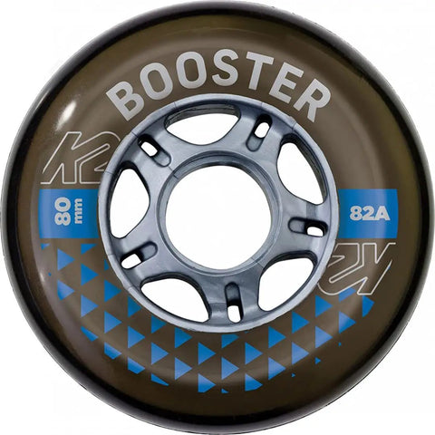 Close-up of Booster 80mm 82A inline skate wheel from 8 pack with ILQ 7 bearings. High performance urethane for smooth and durable skating.