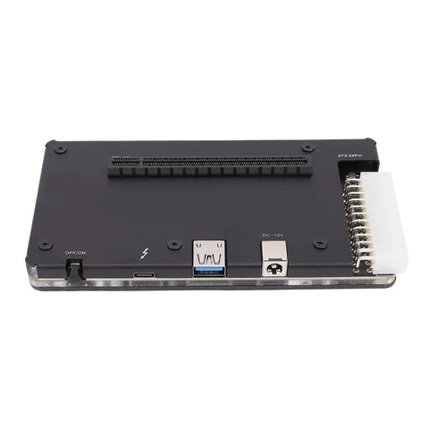 Buttery Smooth External GPU Dock and Heavy Duty EGPU Enclosure Featuring One Meter Connection Cable With Rock Solid USB4 Support Plus Reliable ATX Power Supply, rear view showing connectors and power supply ports.