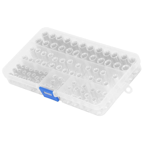 Top Shelf Rivet Nut Tool Kit With Built In Cutter And One Hundred M4 M8 Aluminum Rivnuts in clear storage box.