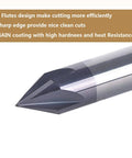Close-up of a heavy duty carbide V groove router bit, 60 degree chamfer end mill, 4 flutes with quarter inch shank