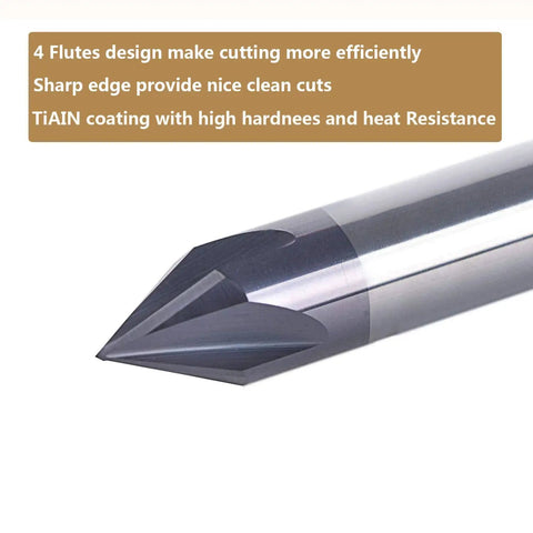 Close-up of a heavy duty carbide V groove router bit, 60 degree chamfer end mill, 4 flutes with quarter inch shank