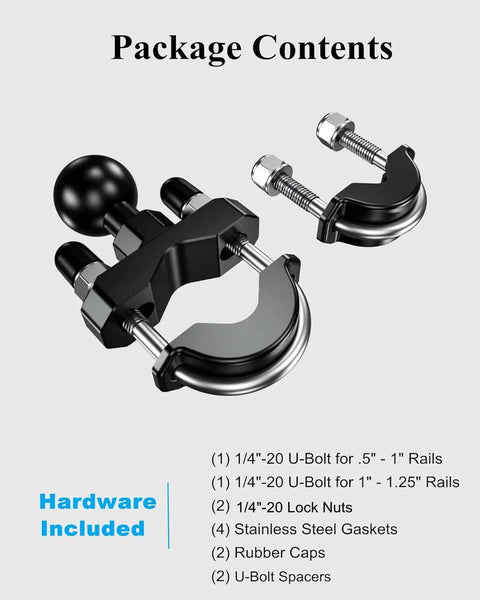 Image showing hardware included for 1 Inch Ball Handlebar U Bolt Mount Base Fits Round Rails 0.5 To 1.26 Inches RAM Mounts B Size Compatible