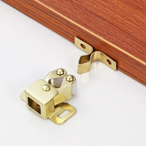 Six Pack Heavy Duty Metal Double Ball Roller Catch For Cabinet And Wardrobe Door, Easy Install Kitchen Latches showing gold metal finish and components.