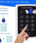 Door Access Control System With Standalone Keypad And 5 Key Fobs For Home Security And Easy Entry, Lets You Use Password Or Card Swipe, 1000 User Capacity shown with hands using fob and keypad.