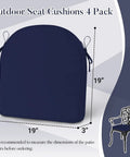 Outdoor Cushions For Patio Furniture Set Of 4 19 By 19 By 3 Inch Thick Waterproof And UV Resistant Navy Blue Chair Cushions With Adjustable Ties And Durable Handle For Superior Comfort And Easy All Weather Use, front view.